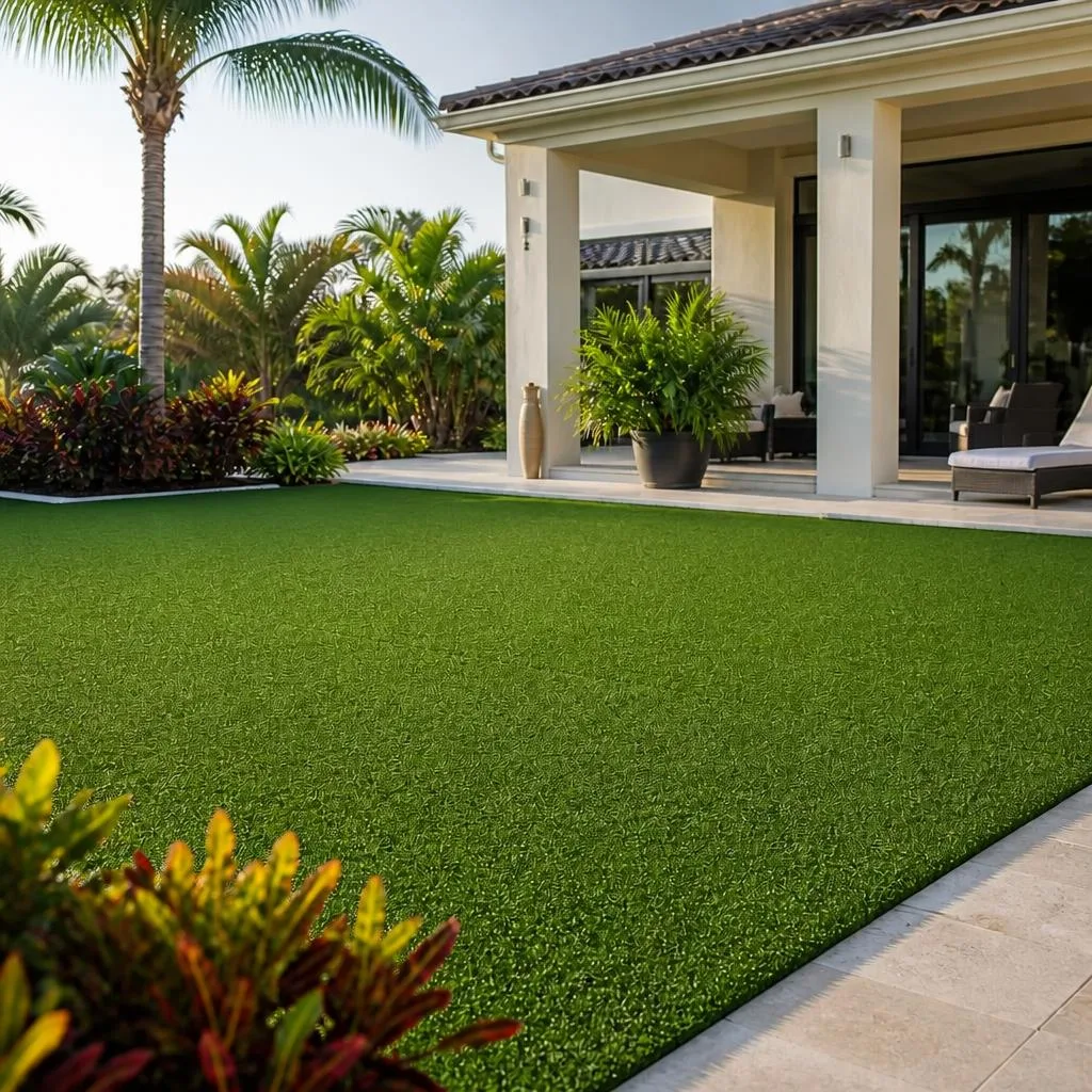 Representative artificial turf installation with uniform synthetic grass, clean edging, and ornamental landscaping.