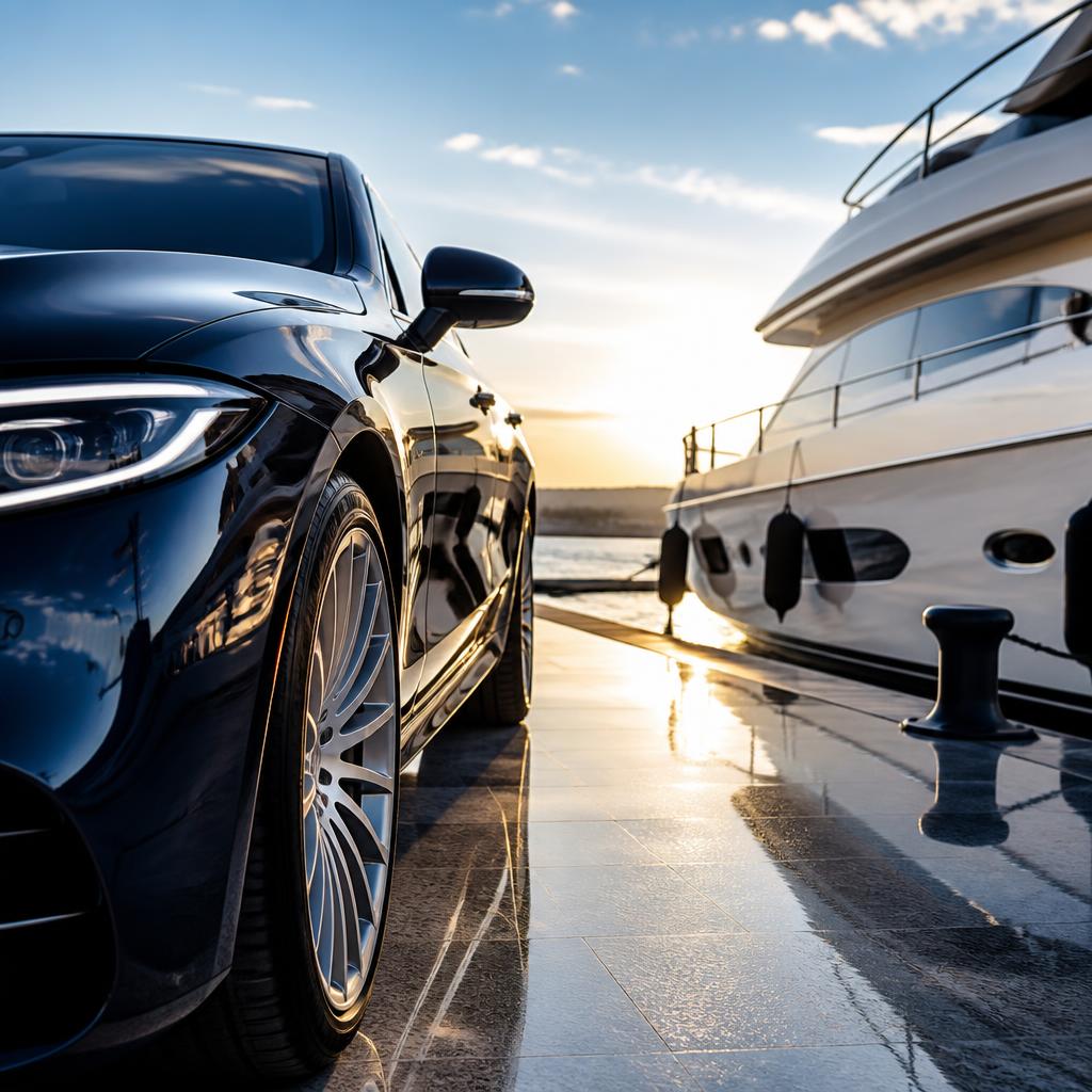Navy luxury car and white yacht with glossy reflections at a modern marina.