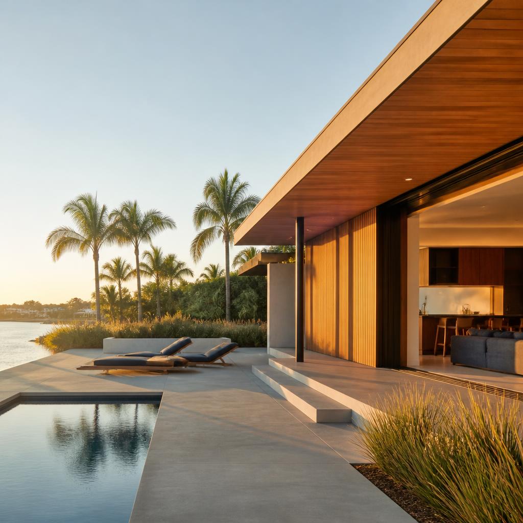 Warm modern Florida home with wood architecture and landscaped waterfront grounds.