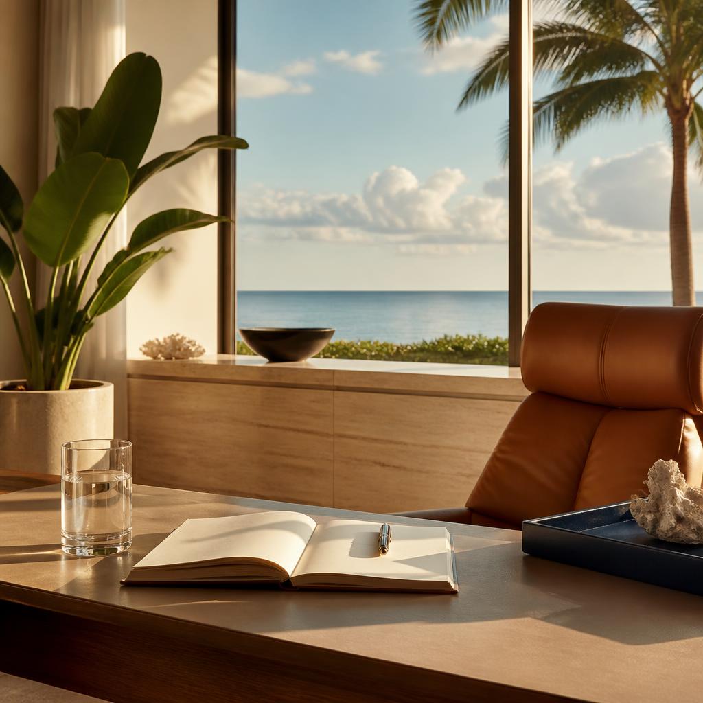 Sunlit coaching workspace with an open journal, plant, and Florida horizon.