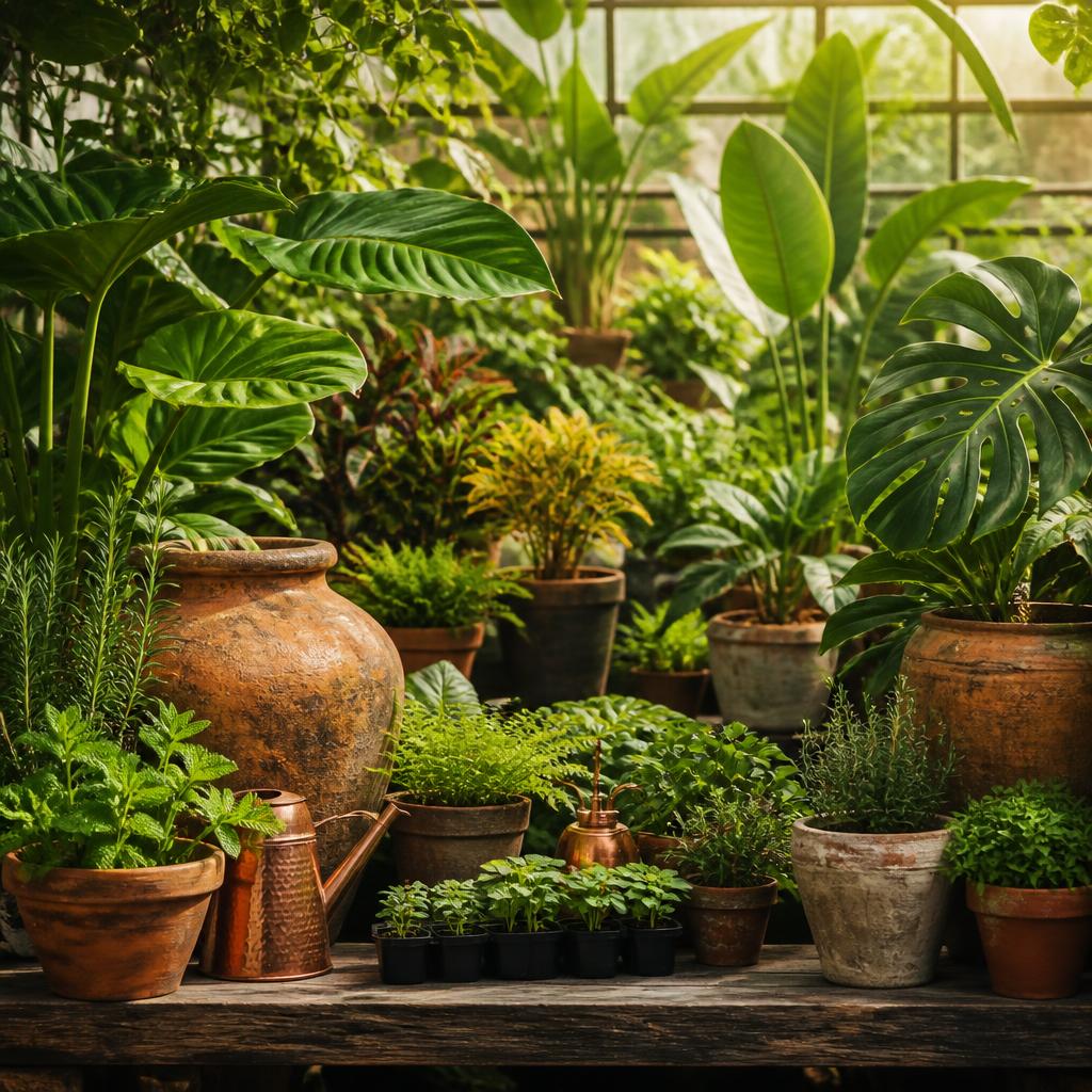Tropical plants, fresh herbs, seedlings, and terracotta vessels in a sunlit greenhouse.