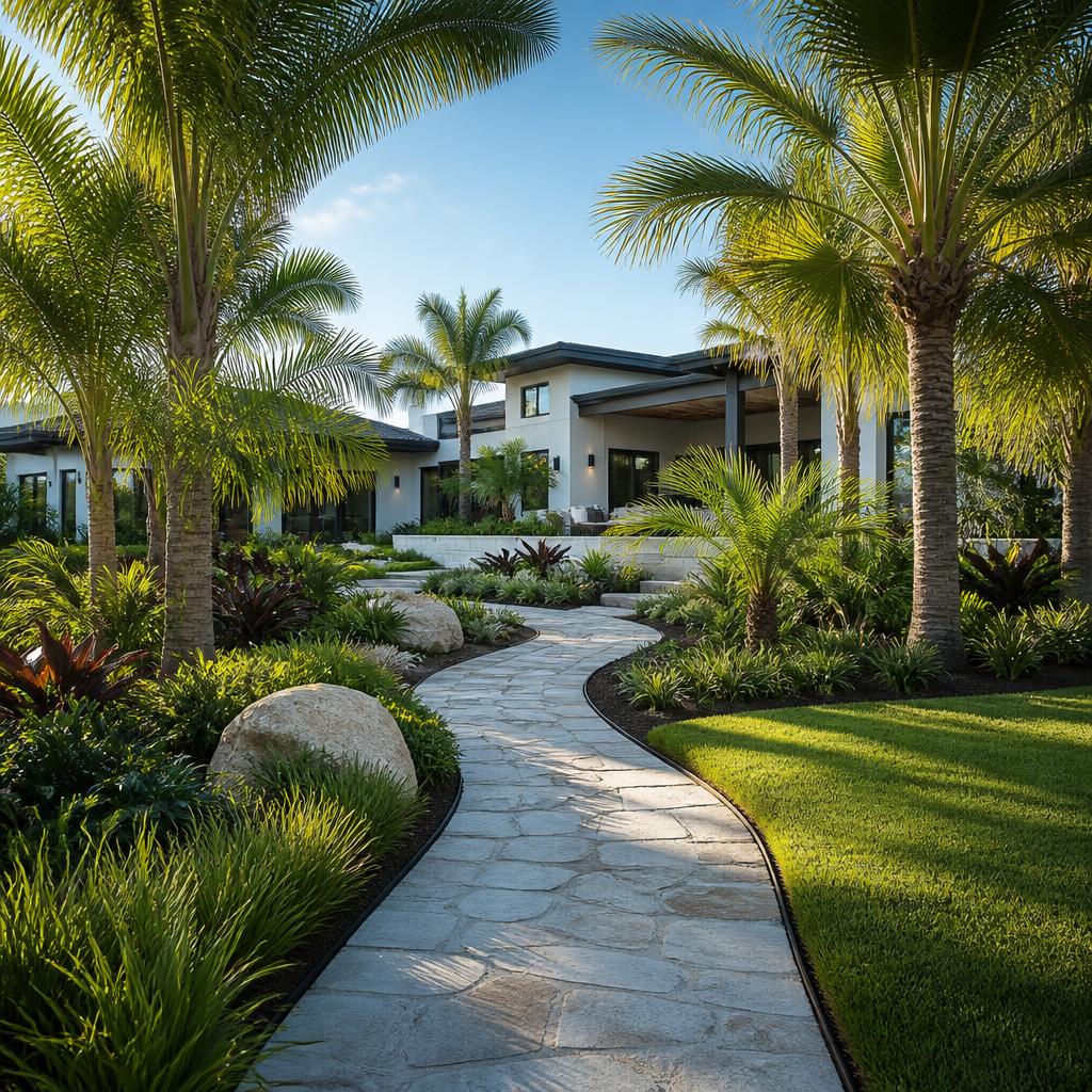 Sculpted tropical garden with palms, ornamental grasses, stone paths, and a modern home.
