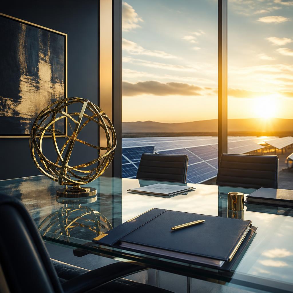Modern business table with solar panels visible through windows and a warm gold accent.