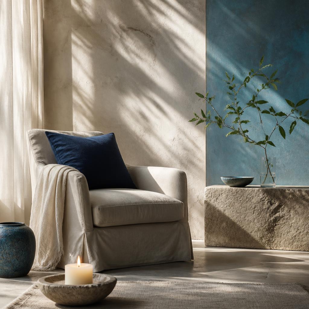 Serene guidance room with natural stone, soft light, a candle, and a green branch.