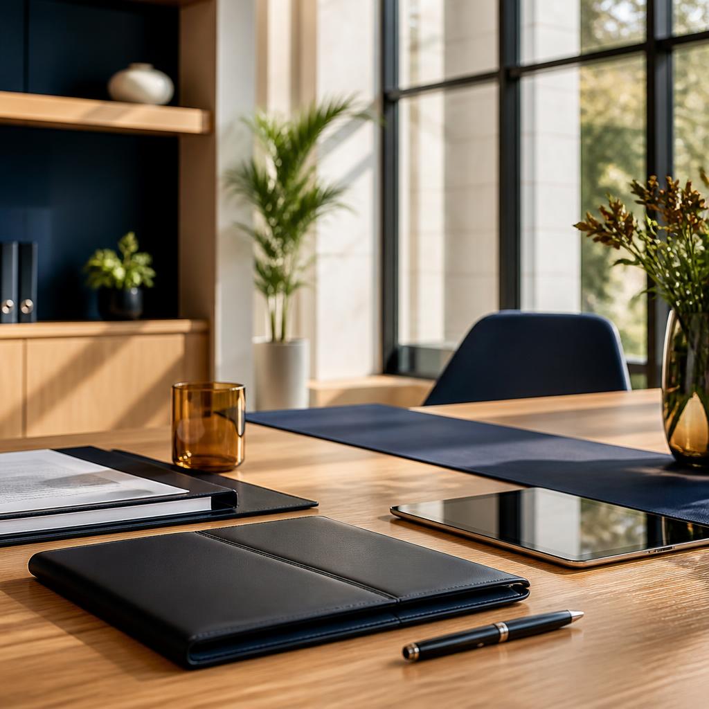 Organized professional consultation table with folders, pen, tablet, and warm daylight.
