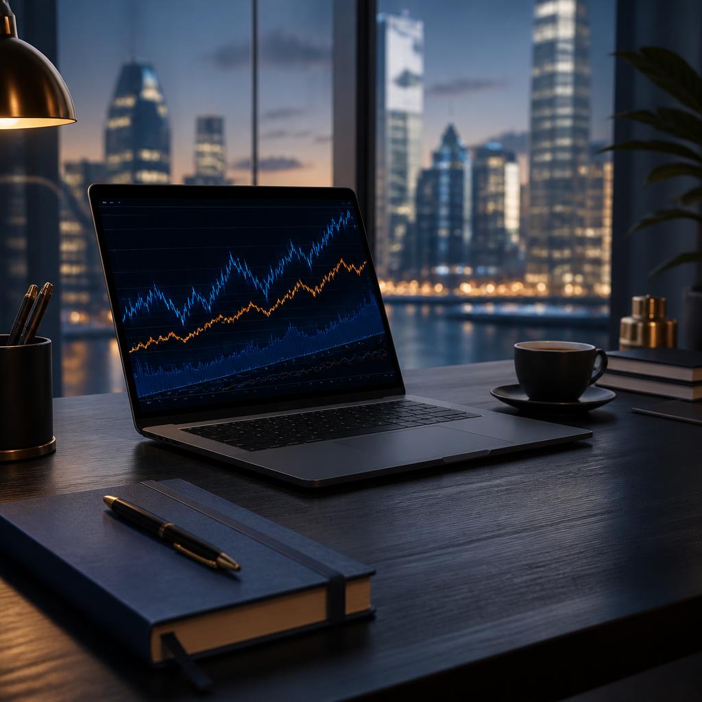 Dark market-education desk with laptop showing abstract blue and orange market lines.